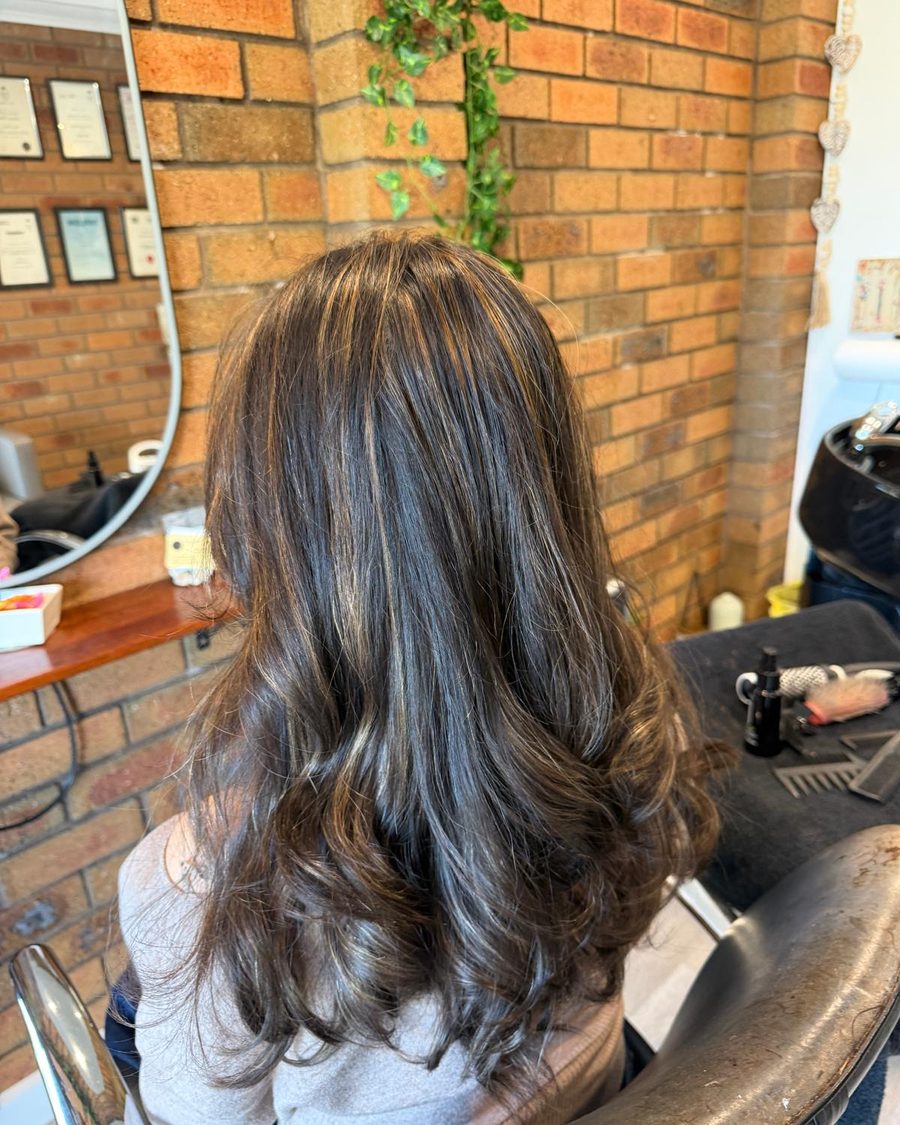 Highlights through long dark hair, blow dried
